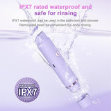 Waterproof bikini shaver shown safe for rinsing under water for easy cleaning