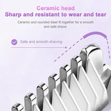 Close-up of the ceramic blade head on an electric razor for women, resistant to wear and tear