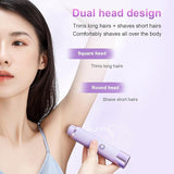 Woman using a pink face shaver for women to remove peach fuzz along her neck and jawline