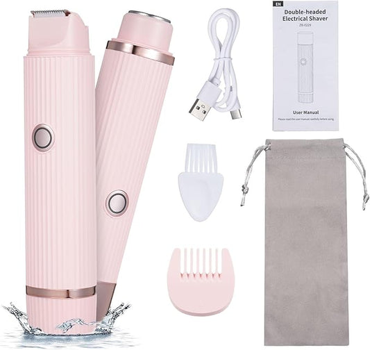 Pink electric shaver for women in UAE with USB cable, comb attachment, and storage pouch